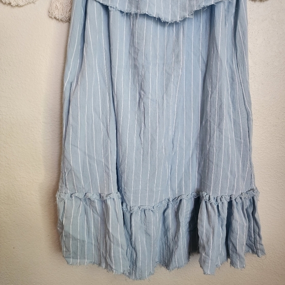 Umgee Power Blue Pinstripe Frayed Ruffle Dress Mino Boho Chic Nautical M - Picture 7 of 11